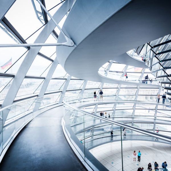 BERLIN - JULY 19, 2015: Interior view of famous Reichstag Dome in Berlin, Germany. Constructed to symbolize the reunification of Germany it's now one of Berlin's most important landmarks.